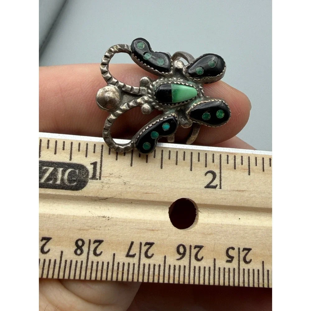 Fred Harvey Era Zuni Jet & Turquoise Inlay Sterling Silver Butterfly Ring #1144